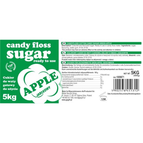 Kolorowy smakowy cukier do waty cukrowej zielony o smaku jabłkowym 5kg