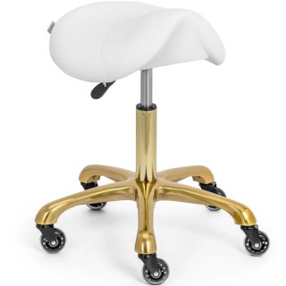Taboret stołek kosmetyczny siodłowy na kółkach do 150 kg YORK - biało złoty