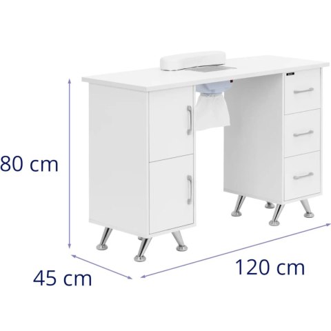 Biurko kosmetyczne do manicure z pochłaniaczem 3 szuflady 2 szafki - biało srebrne