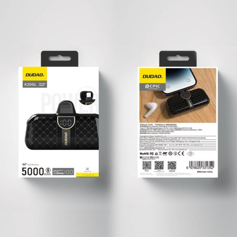 Mini powerbank 5000mAh do telefonu iPhone Lightning i USB-C - czarny