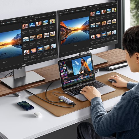 HUB Adapter USB-C - 3x USB-A 3.0 / HDMI / VGA / RJ45 / czytnik kart SD / TF / USB-C PD - szary