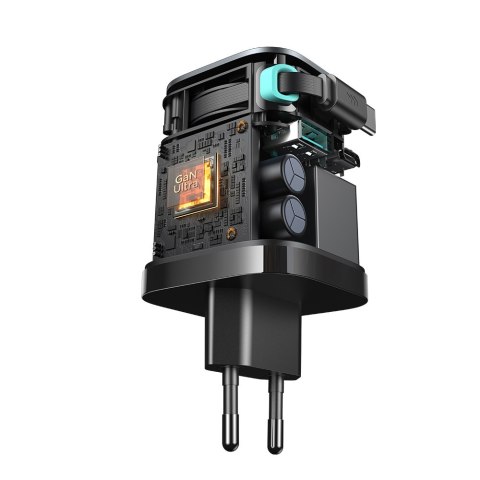 Ładowarka sieciowa GaN 65W USB-A USB-C z wbudowanym kablem USB-C - czarna