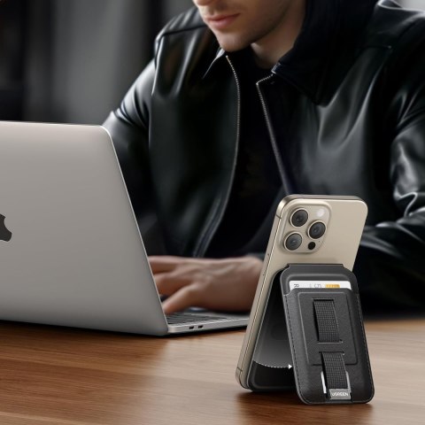 Portfel na karty Magnetic Wallet MagSafe z podstawką i uchwytem na palec - czarny