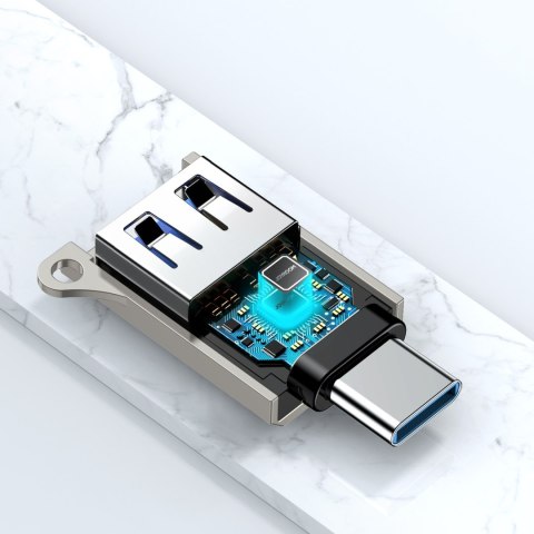 Adapter przejściówka USB-C (męski) - USB-A (żeński) z oczkiem na smycz - srebrny