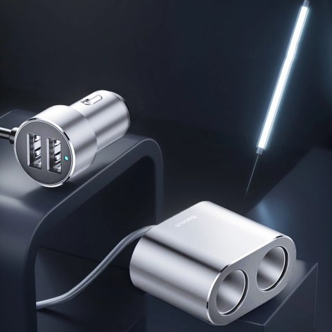 Rozdzielacz samochodowy 2x gniazdo zapalniczki 80W 2x USB-A 3.1A - srebrny