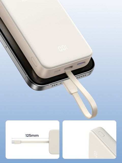Powerbank 20000mAh 22.5W USB-C USB-A wbudowany kabel USB-C - biały