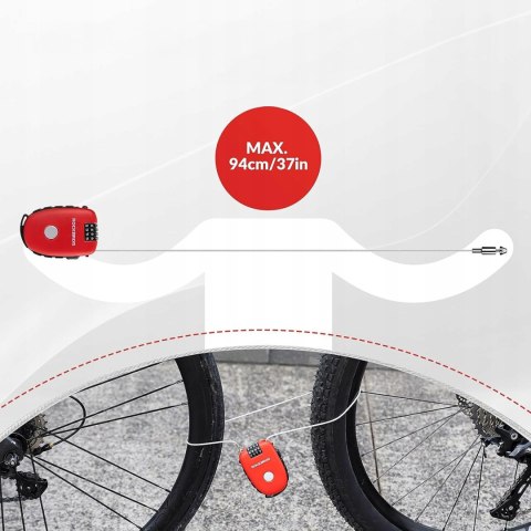 Zapięcie blokada rowerowe z linką zwijaną i zamkiem szyfrowym - czerwone