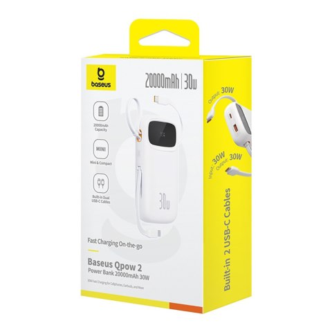 Powerbank QPow 2 20000mAh 30W z 2 wbudowanymi kablami USB-C - biały
