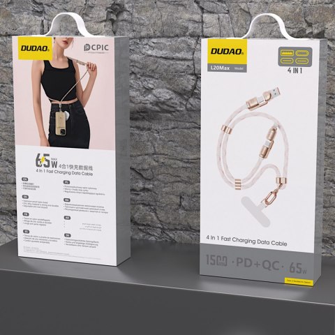 4w1 Kabel przewód smycz USB-A / USB-C / iPhone Lightning PD QC 65W 1.5m - różowy