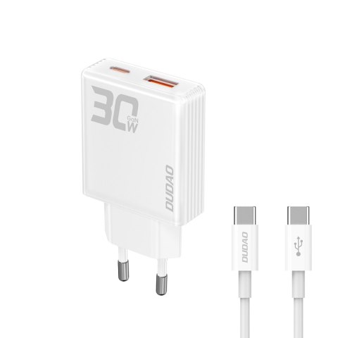Ładowarka sieciowa GaN 30W USB-A - USB-C z kablem USB-C - biała