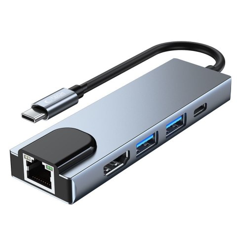 5w1 HUB rozdzielacz USB-C na USB-C USB-A HDMI RJ45 - szary