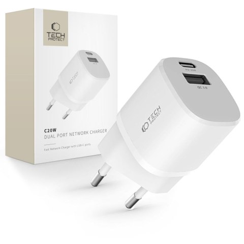 Ładowarka sieciowa C20W mini USB-C PD 20W / USB-A QC 3.0 - biała