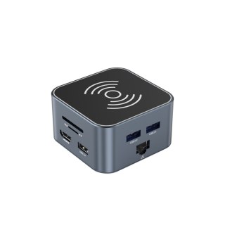 12w1 Hub z ładowarką bezprzewodową USB-A USB-C HDMI RJ45 SD TF mini jack - szary
