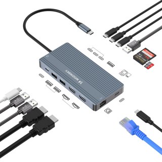 14w1 HUB do 3 monitorów USB-A USB-C DisplayPort HDMI RJ45 SD TF mini jack - szary