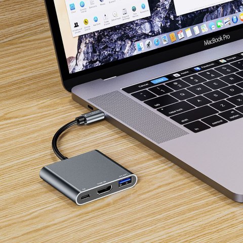 3w1 HUB rozdzielacz USB-C na USB-A USB-C PD 100W HDMI 4K 30Hz - szary