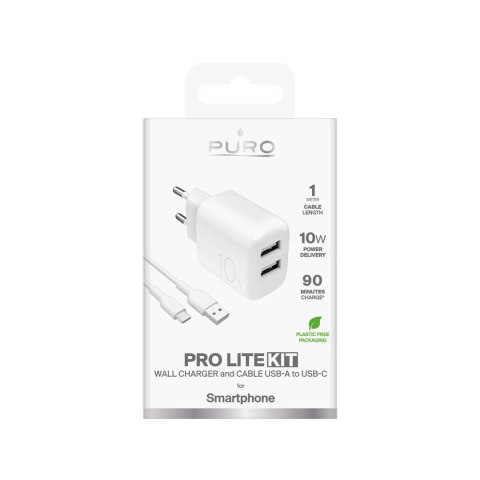 Ładowarka sieciowa 2x USB-A PROLITE 10W z kablem USB-A - USB-C 1.2m - biała
