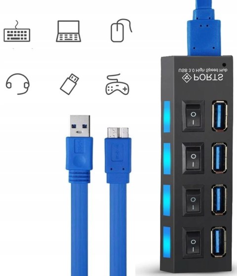 HUB rozdzielacz USB-A z włącznikami podświetlaniem 4 porty