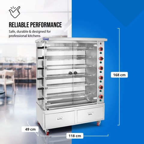 Rożen gazowy opiekacz do 30 kurczaków 6 szpikulców 2 szuflady na kółkach 40 kW