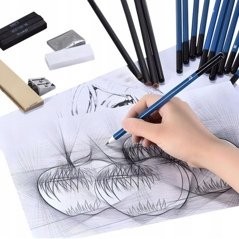 Zestaw artystyczny ołówków przyborów do szkicowania rysowania w etui - 32 el.